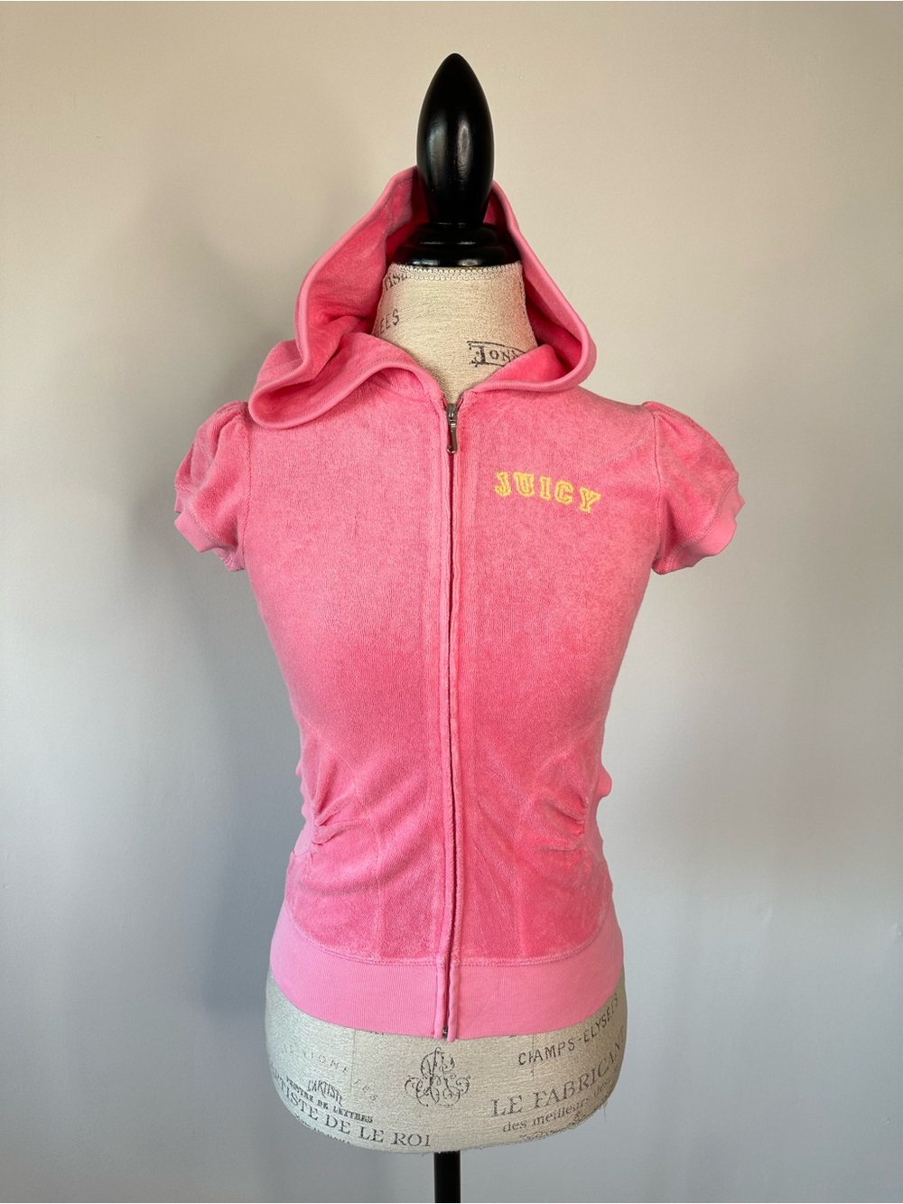 Y2K Juicy Couture Pink Velour Zip Hoodie with Yellow Embroidery